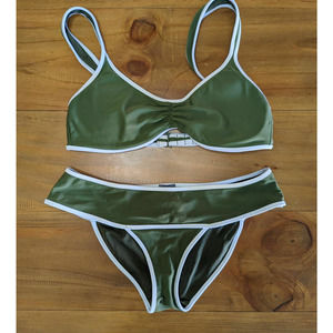 Aerie Bikini Olive green with white stripes Small and XSmall